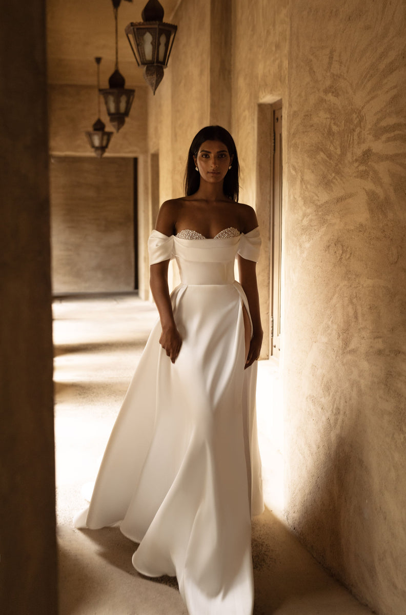 Elegant Mikado A-Line Wedding Dress with Embroidered Bodice Salima Milk / 8US/40FR/12UK Elegant Mikado A-Line Wedding Dress with Embroidered Bodice Salima Milk / 8US/40FR/12UK