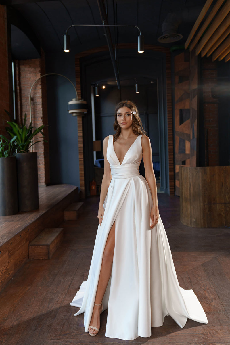 a line v neck satin wedding dress A-Line with V-Neck and Slit Sonya Soley May – Wedding Roof weddingOccasion:Evening Laria Yellow Satin Formal COLOR:Black & White Look timelessly elegant on