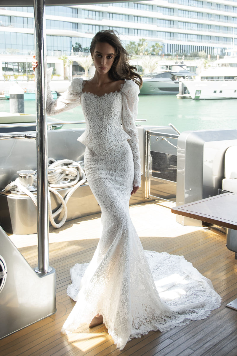 long sleeve dress with detachable skirt Lace Wedding Dress with Long Off-the-Shoulder Sleeves, Slit Skirt & Detachable Overskirt 6