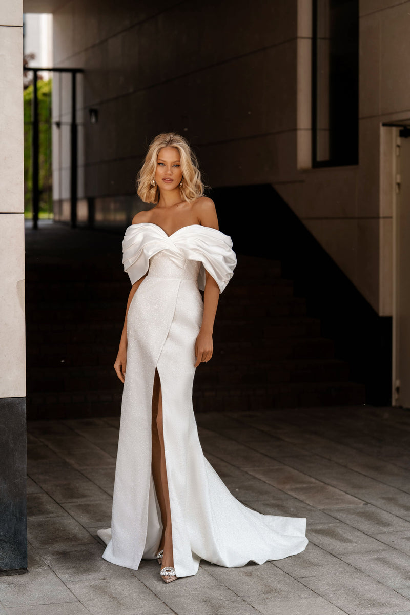 Short Wedding Dress with Decorative Drapery and Dropped Straps Sleeves Bridal Gowns Mermaid Princess White Satin Modern Vestido De Novia Mermaid Court Train Bow Satin