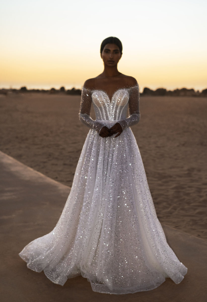 Elegant A-Line Wedding Dress with Long Sleeves - Tulle, Beads, and Seq Wedding Roof Elegant A-Line Wedding Dress with Long Sleeves - Tulle, Beads, and Seq Wedding Roof