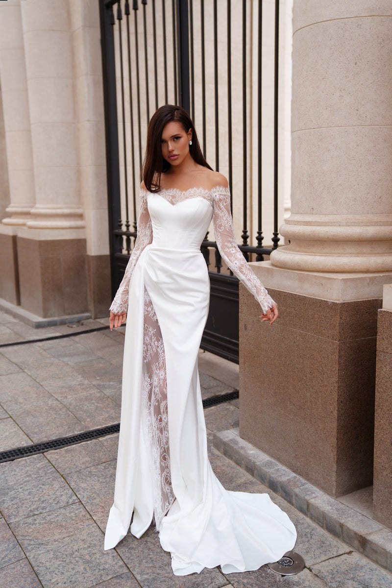 Satin and Lace Dress with Off-shoulder Long Sleeves Balensoi 10US/42FR/14UK / Milk / No Satin and Lace Dress with Off-shoulder Long Sleeves Balensoi 10US/42FR/14UK / Milk / No