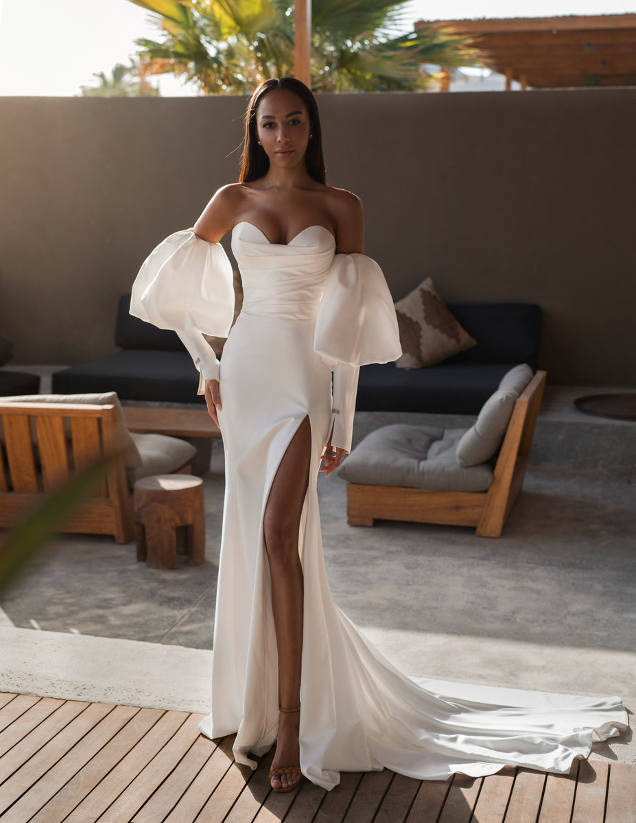 Silhouette Wedding Dress with Slit and Detachable Sleeves Romanova