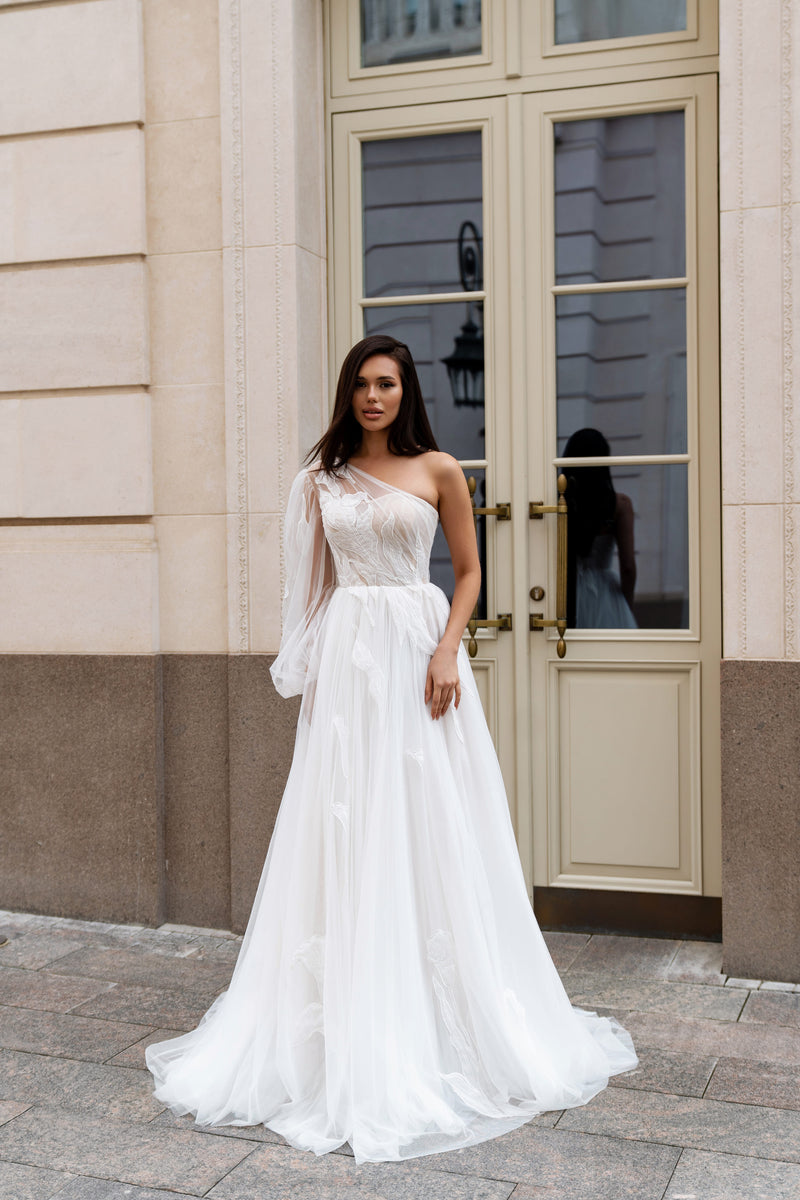 open lace back dress Elegant One Shoulder Tulle Wedding Dress with Long Sleeves and Inner C
