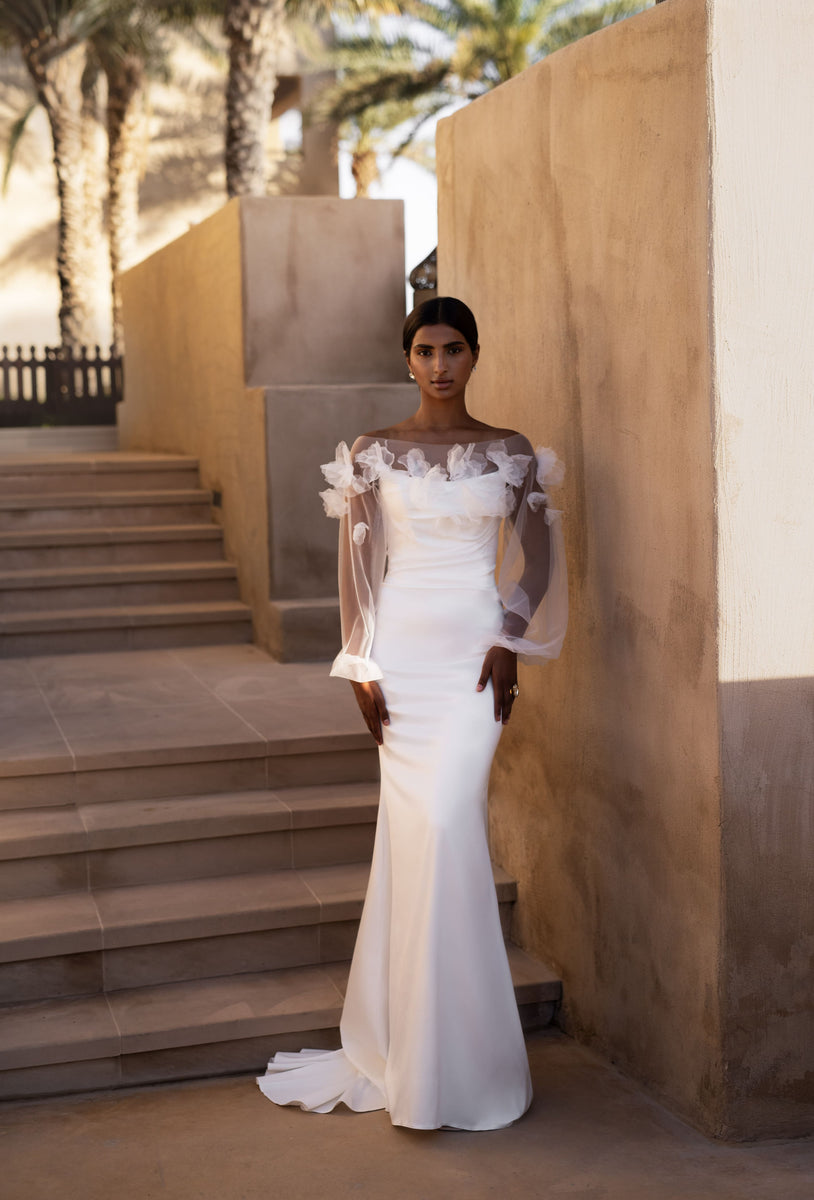 Elegant 3D Flower Embroidered Wedding Dress with Semi-Transparent Bolero Jumeirah 6US/38FR/10UK / Milk / Yes