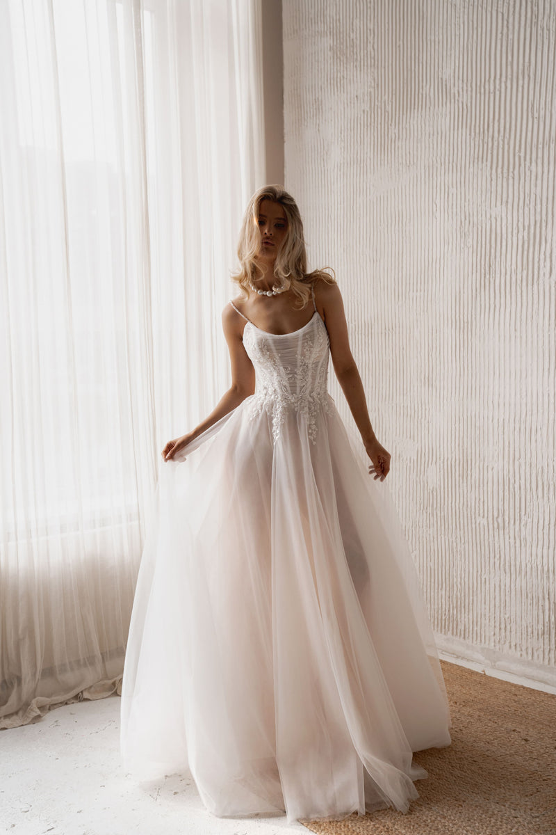 A-Line Tulle and Lace Wedding Dress with Thin Straps and Corset Back Palm 2 6US/38FR/10UK / Milk+nude