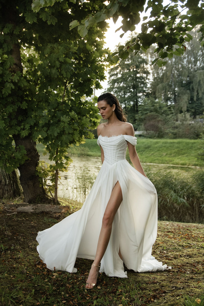 Chiffon and Lace A-Line Wedding Dress with Corset and Lace Sleeves Son –  Wedding Roof