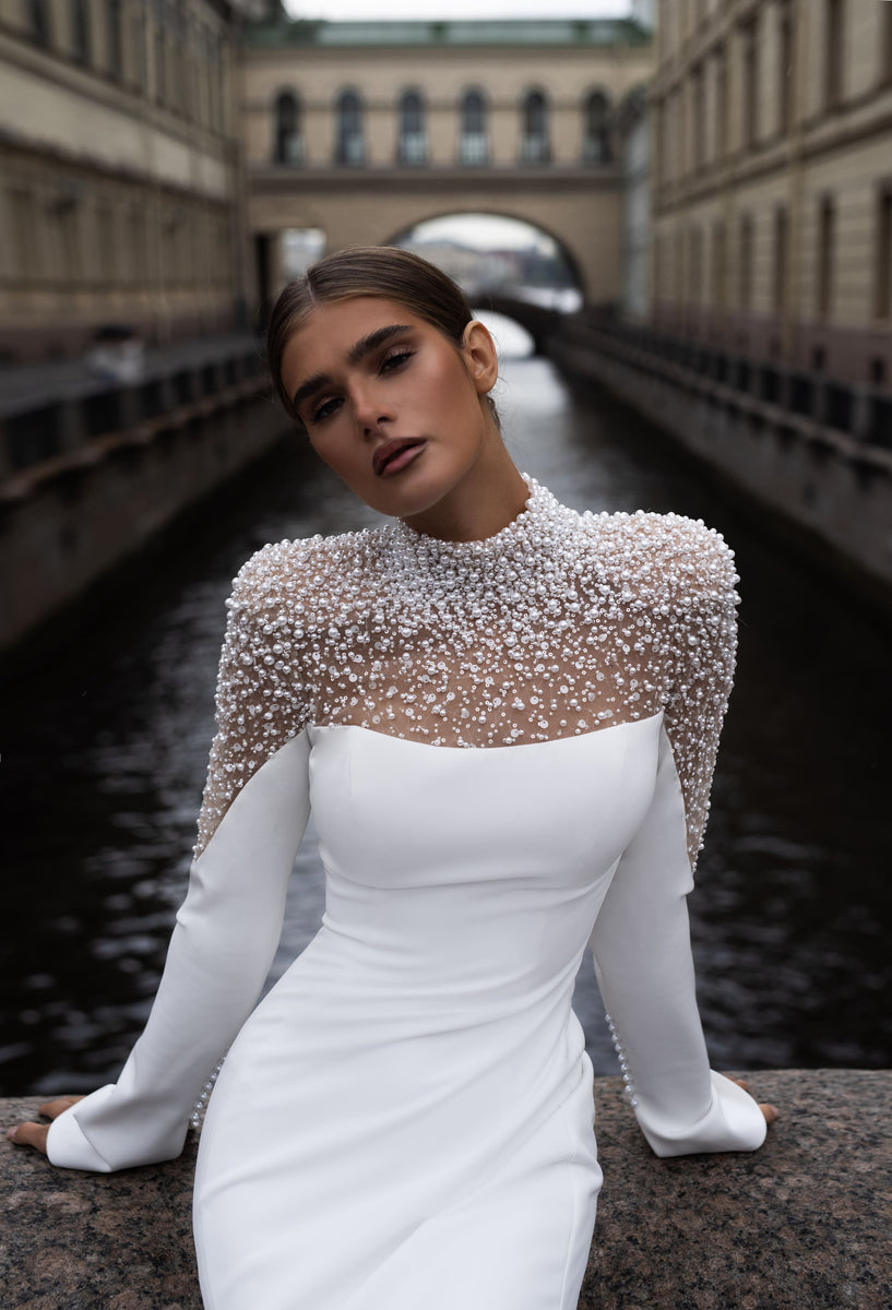 Elegant Long Sleeve Pearl Embellished Crepe Wedding Dress Patricia Mar Elegant Long Sleeve Pearl Embellished Crepe Wedding Dress Patricia Mar
