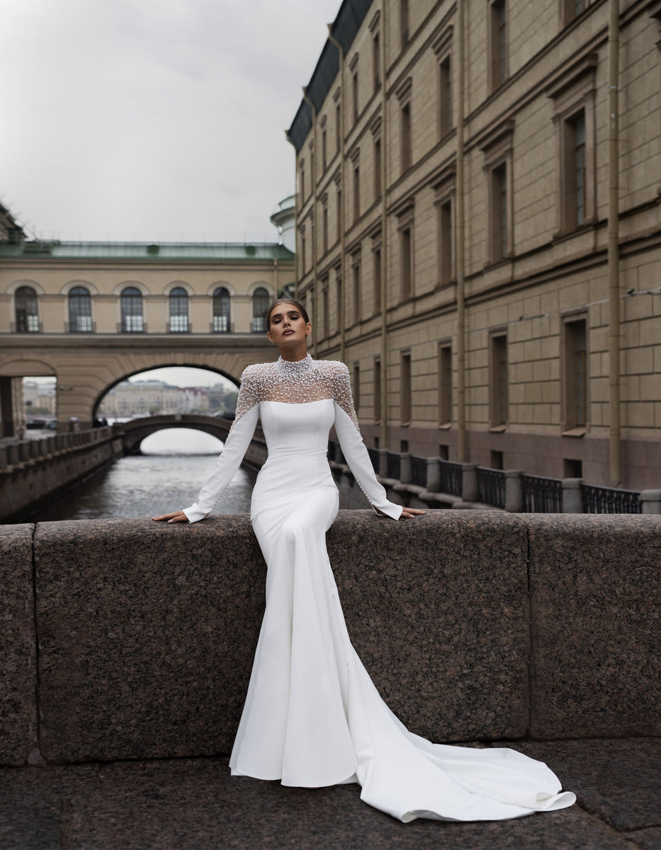Elegant Long Sleeve Pearl Embellished Crepe Wedding Dress Patricia Mar – Wedding Roof