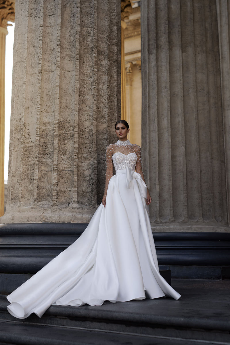 Pearl-embroidered Mikado Wedding Dress with Corset and Full Skirt Dorah 4US/36FR/8UK / Milk / No