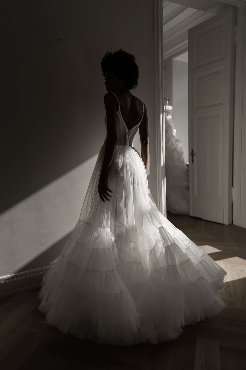 Stunning Spaghetti Strap Backless A-Line Wedding Dress with Lace-Embroidered Shorts and Flounce Skirt Bianca 12US/44FR/16UK / Milk+nude / Yes