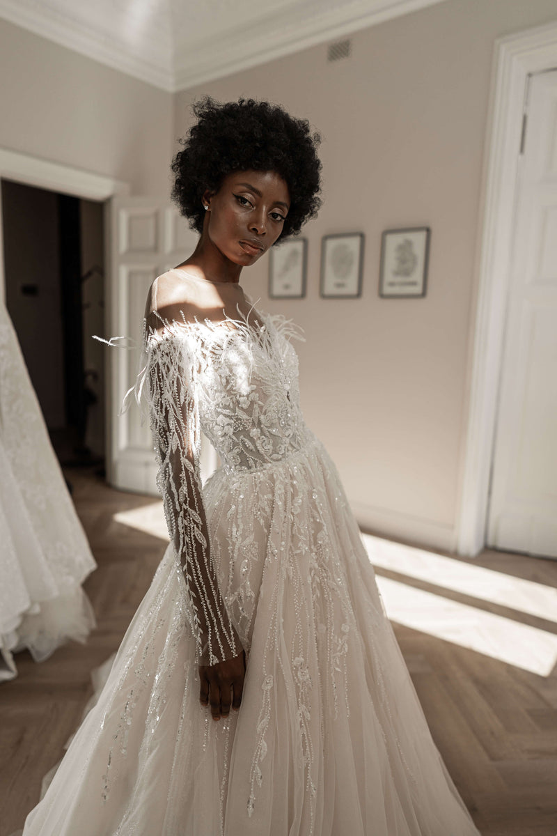 long sleeve feather wedding dress Glamorous Removable/Detachable Wedding Sleeves with Ostrich Feathers and Pearl Beads XXXL / White / Custom