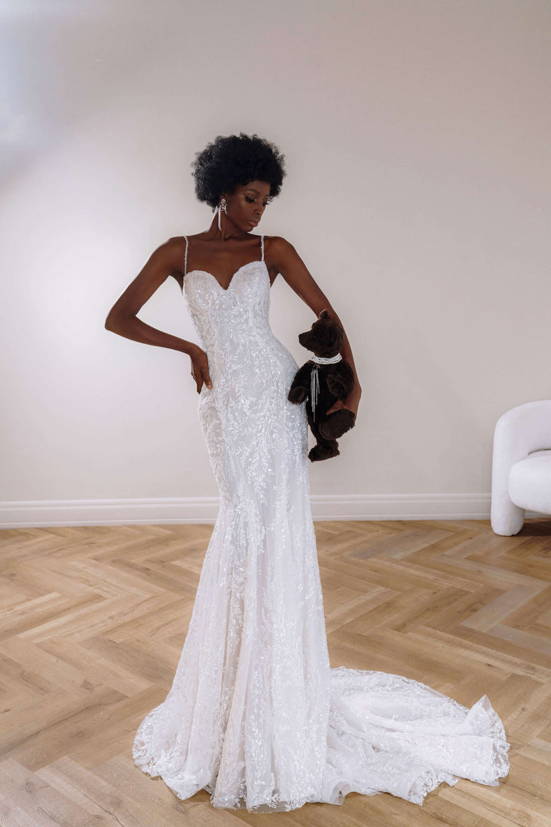 Glittering Spaghetti Strap Wedding Dress with Shimmering Bead and Sequin Detail Nicole 6US/38FR/10UK / Milk+nude Glittering Spaghetti Strap Wedding Dress with Shimmering Bead and Sequin Detail Nicole 6US/38FR/10UK / Milk+nude