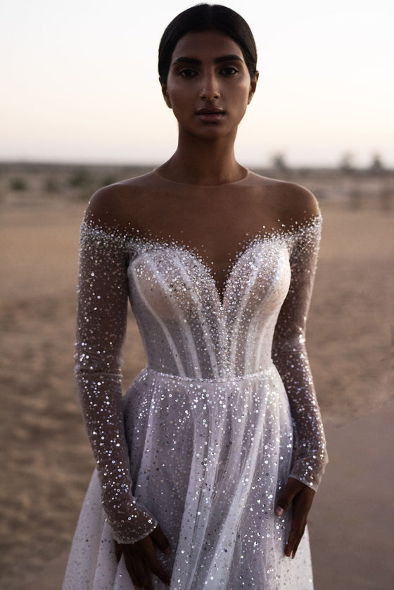 Elegant A-Line Wedding Dress with Long Sleeves - Tulle, Beads, and Seq Wedding Roof Elegant A-Line Wedding Dress with Long Sleeves - Tulle, Beads, and Seq Wedding Roof
