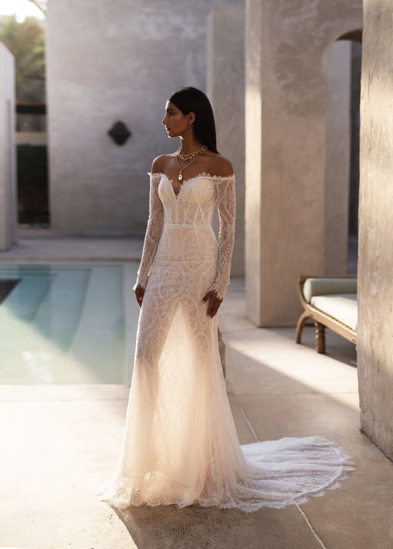 Elegant Long Sleeve Wedding Dress in Form-Fitting Chantilly Lace Samir