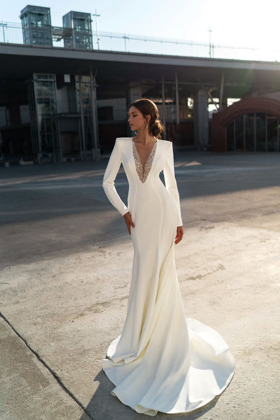V-Neck Crepe Long Sleeve Wedding Dress with Crystal Embroidery Gown