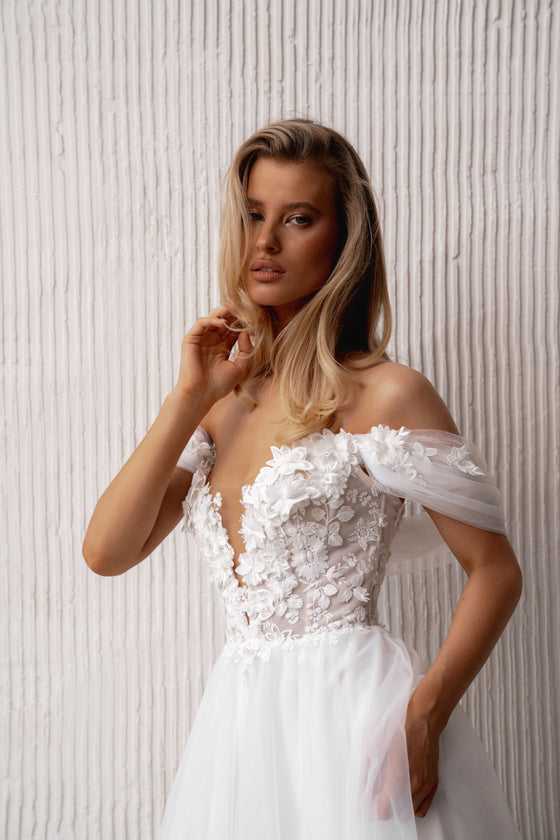 Dropped straps bridal dress