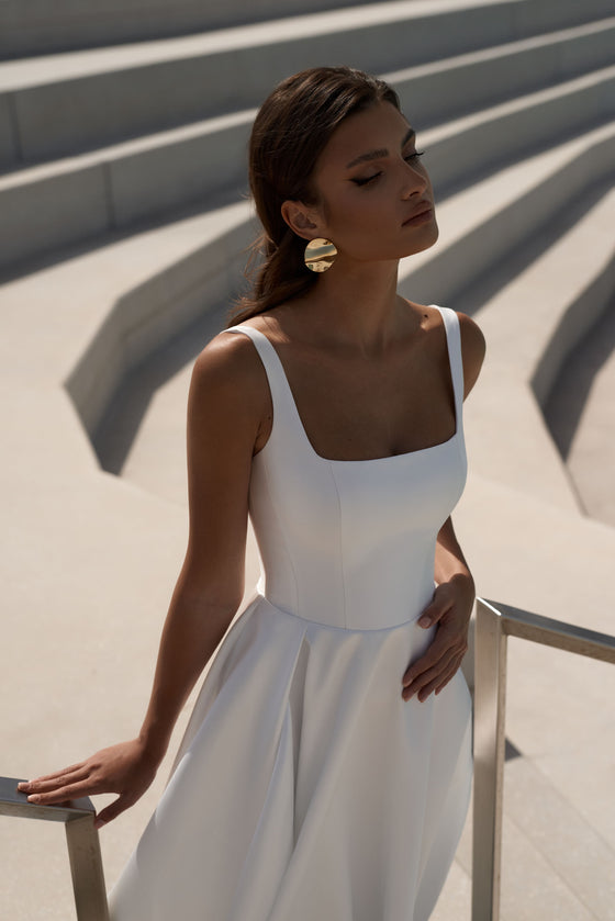 A Satin A-Line Wedding Dress with Wide Straps and Square-Cut Corset Al Wedding Roof A Satin A-Line Wedding Dress with Wide Straps and Square-Cut Corset Al Wedding Roof