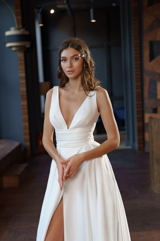 A-Line Satin Wedding Dress with V-Neck and Slit Sonya Soley May Wedding Roof A-Line Satin Wedding Dress with V-Neck and Slit Sonya Soley May Wedding Roof