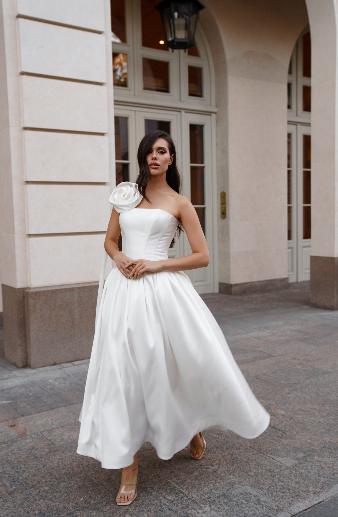 Stunning Midi Length Wedding Dress with a Flower Accent Medow – Wedding