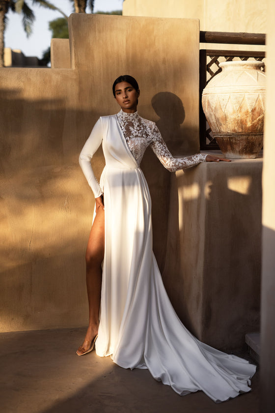 Elegant satin and lace wedding dress