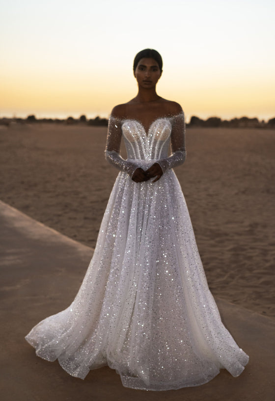 Elegant A-Line Wedding Dress with Long Sleeves - Tulle, Beads, and Seq Wedding Roof Elegant A-Line Wedding Dress with Long Sleeves - Tulle, Beads, and Seq Wedding Roof