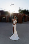 Gorgeous Asymmetrical Satin Wedding Dress with Sequins and a Slit Skirt