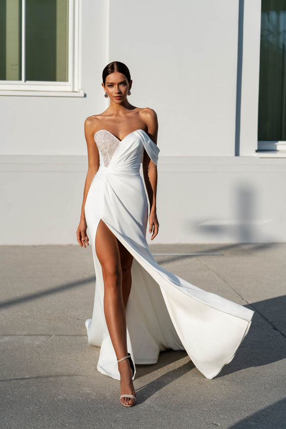 Gorgeous Asymmetrical Satin Wedding Dress with Sequins and a Slit Skirt