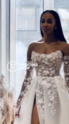 Elegant A-Line Wedding Dress with Removable Sleeves and Slit Evangelina