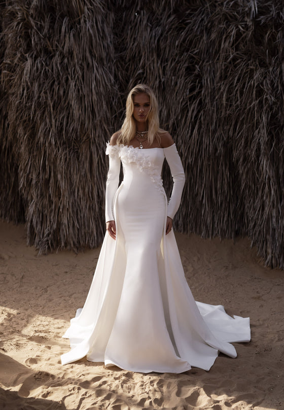 Stunning Crepe Wedding Dress with Handmade Organza Flowers and Long Sl Wedding Roof Stunning Crepe Wedding Dress with Handmade Organza Flowers and Long Sl Wedding Roof