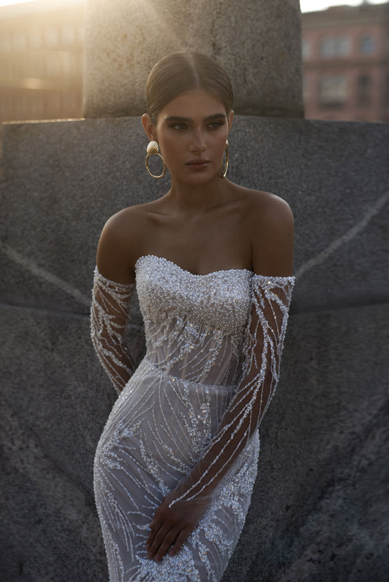 Unique Tulle and Sequins Wedding Dress with Long Removable Sleeves Pat Wedding Roof Unique Tulle and Sequins Wedding Dress with Long Removable Sleeves Pat Wedding Roof