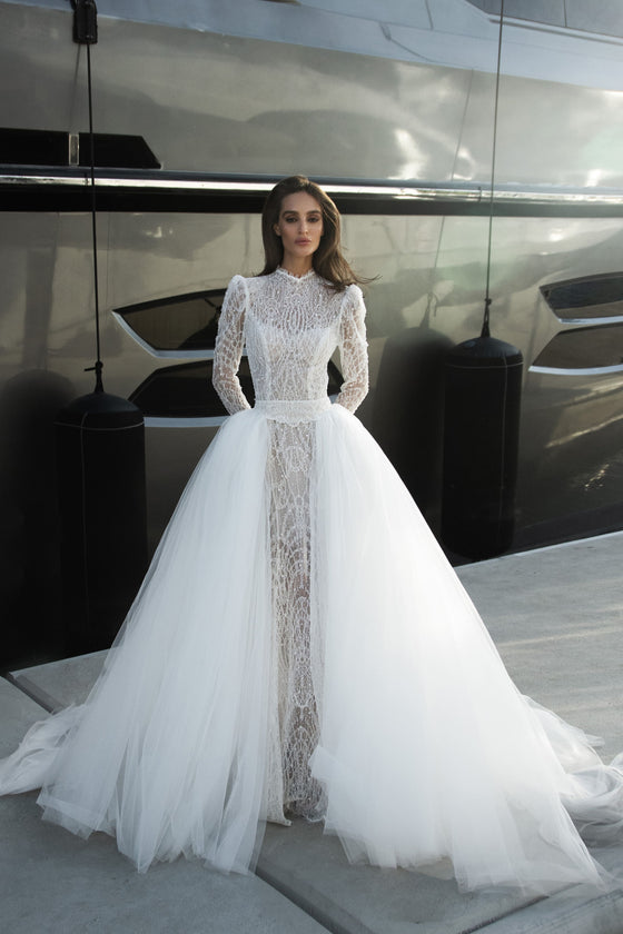 Open-Back Lace Wedding Dress Christelle 10US/42FR/14UK / Milk / No Open-Back Lace Wedding Dress Christelle 10US/42FR/14UK / Milk / No
