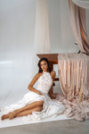 Floor-length wedding gown with American armhole