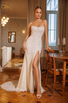 Form-fitting bridal gown with slit