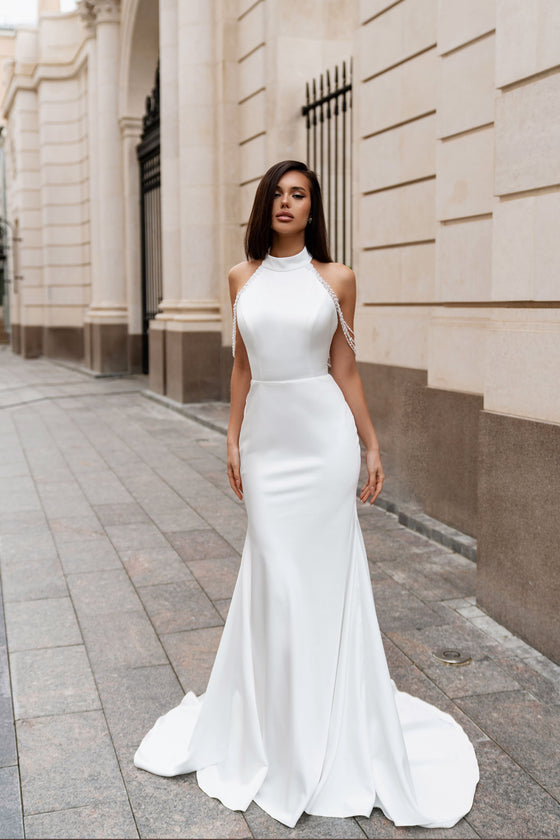 Elegant High Neck Satin Wedding Dress with Intricate Beaded Detailing Wedding Roof Elegant High Neck Satin Wedding Dress with Intricate Beaded Detailing Wedding Roof
