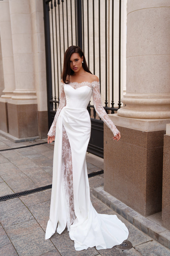 off shoulder wedding dress long sleeve Satin and Lace Dress with Off-shoulder Long Sleeves Balensoi – Wedding Roof
