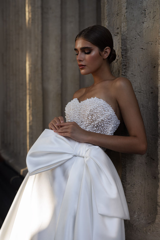 Pearl-embroidered Mikado Wedding Dress with Corset and Full Skirt Dorah 10US/42FR/14UK / Milk / No Pearl-embroidered Mikado Wedding Dress with Corset and Full Skirt Dorah 10US/42FR/14UK / Milk / No