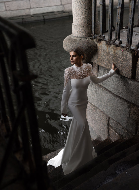 Elegant Long Sleeve Pearl Embellished Crepe Wedding Dress Patricia Mar Wedding Roof Elegant Long Sleeve Pearl Embellished Crepe Wedding Dress Patricia Mar Wedding Roof