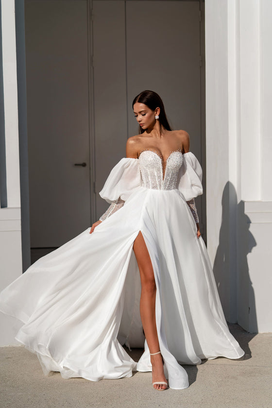 A-Line Shiny Organza Wedding Dress with Slit