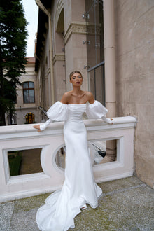  Elegant Satin Wedding Dress with Long Removable Sleeves Sonesta Michelle