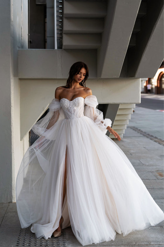 Embroidered Heart Shaped A-Line Wedding Dress with Slit