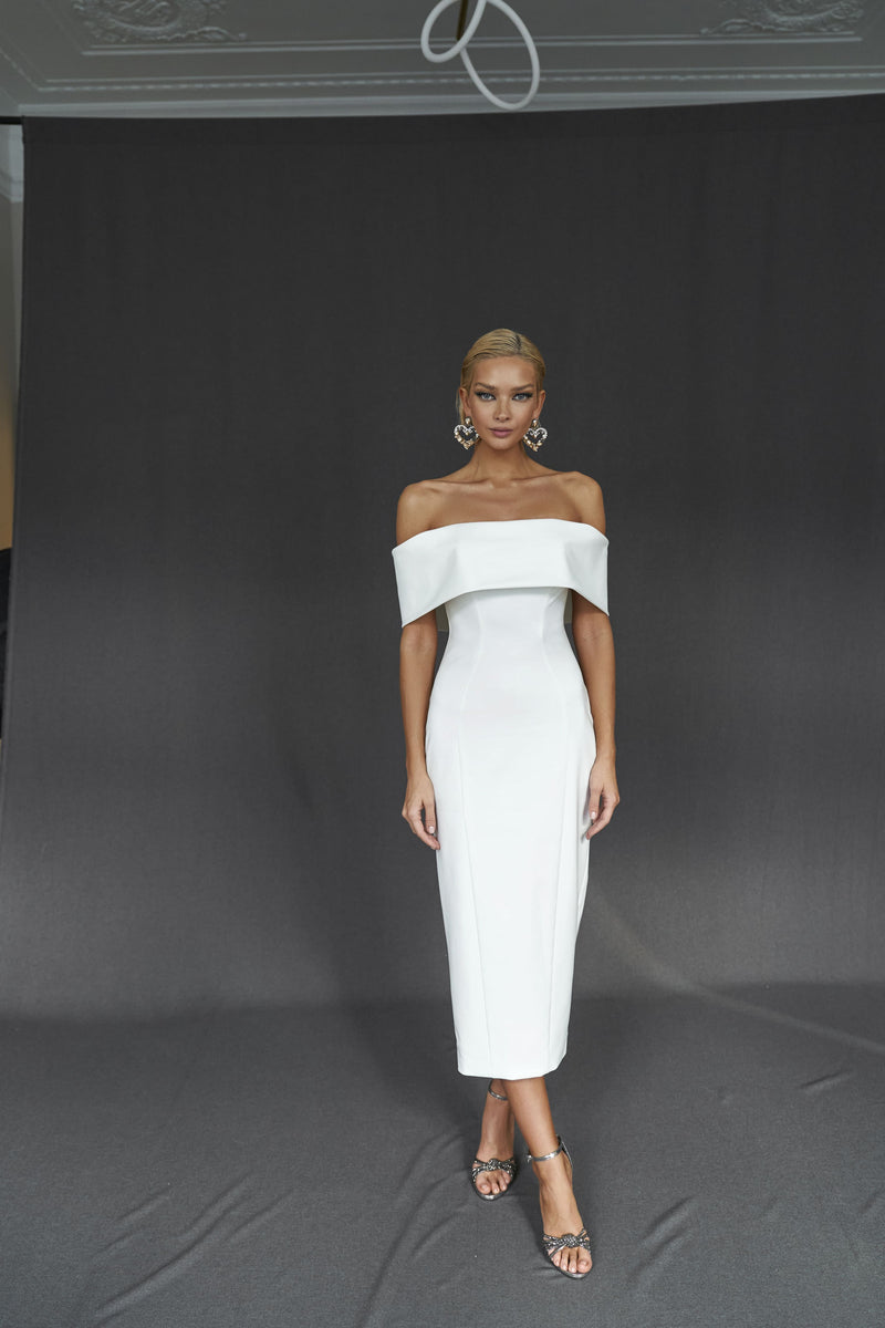 off the shoulder midi wedding dress Elegant Off-the-Shoulder Crepe Midi Wedding Dress Jackie