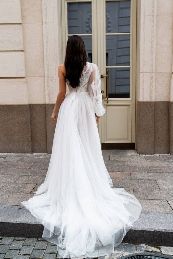 Elegant One Shoulder Tulle Wedding Dress with Long Sleeves and Inner C Wedding Roof Elegant One Shoulder Tulle Wedding Dress with Long Sleeves and Inner C Wedding Roof