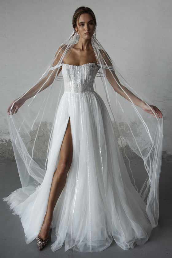 A-Line Pearl-Embellished Tulle Wedding Dress Galeia Wedding Roof A-Line Pearl-Embellished Tulle Wedding Dress Galeia Wedding Roof