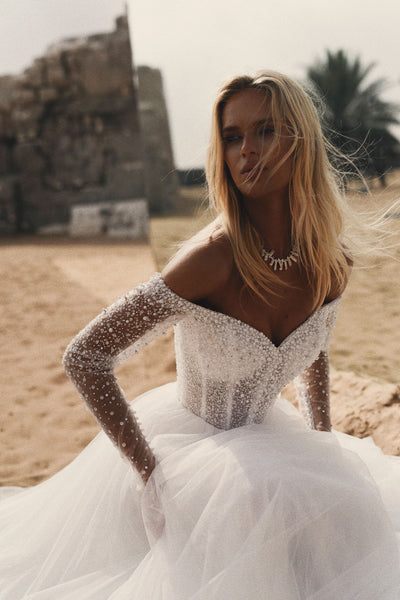 Elegant A-line Wedding Dress with Embroidered Pearls - Long Sleeves and Tulle Material Fadelle 10US/42FR/14UK / Milk Elegant A-line Wedding Dress with Embroidered Pearls - Long Sleeves and Tulle Material Fadelle 10US/42FR/14UK / Milk