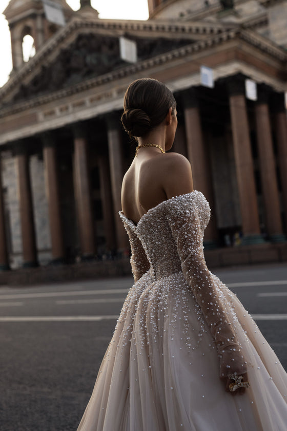 Pearl Embroidered Ballroom Long Sleeve Button-Down Wedding Dress Patri – Wedding Roof Pearl Embroidered Ballroom Long Sleeve Button-Down Wedding Dress Patri – Wedding Roof