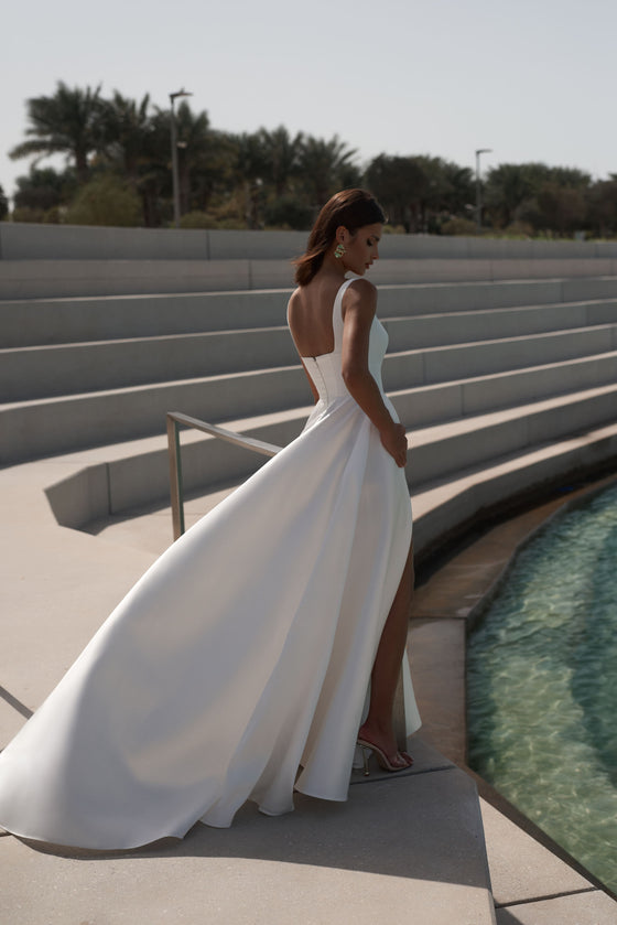 A Satin A-Line Wedding Dress with Wide Straps and Square-Cut Corset Al Wedding Roof A Satin A-Line Wedding Dress with Wide Straps and Square-Cut Corset Al Wedding Roof