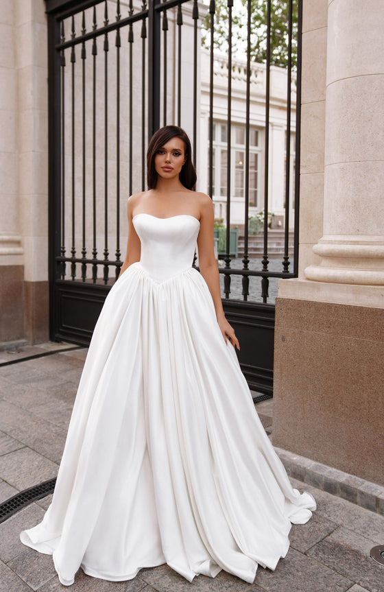 Elegant Satin Princess Wedding Dress with Detachable Gloves Asther