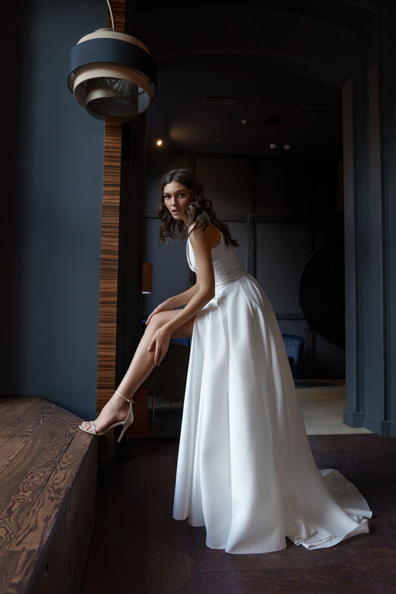 A-Line Satin Wedding Dress with V-Neck and Slit Sonya Soley May Wedding Roof A-Line Satin Wedding Dress with V-Neck and Slit Sonya Soley May Wedding Roof