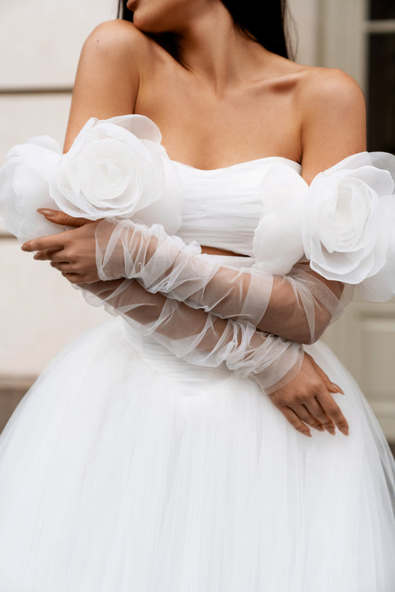 Tulle bridal gown with floral sleeves